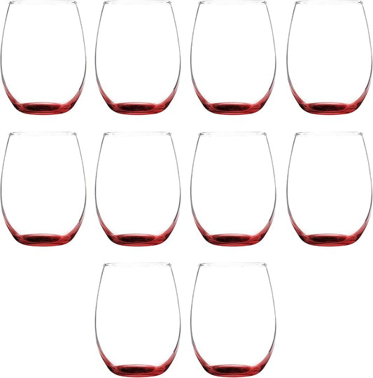 DISCOUNT PROMOS Stemless Wine Glass 9 oz. Set of 10, Bulk Pack - Great for Wedding Favors, Bachelorette Party and More - Red Bottom Color