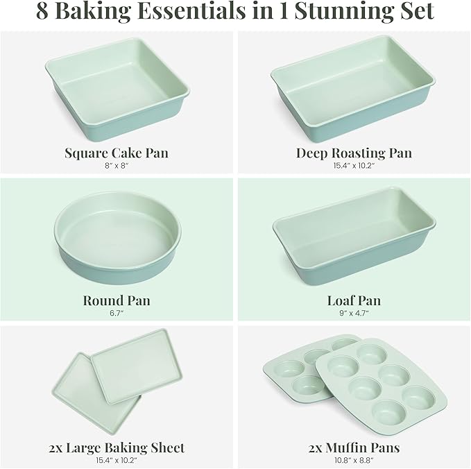 Larder & Vine 8-Piece Bakeware Set | Non-Stick Baking Set with Ceramic Finish | PFAS, PFOA, PTFE, and BPA Free Baking Essentials | Baking Sheets, Muffin Tins and Assorted Baking Pans | Sage