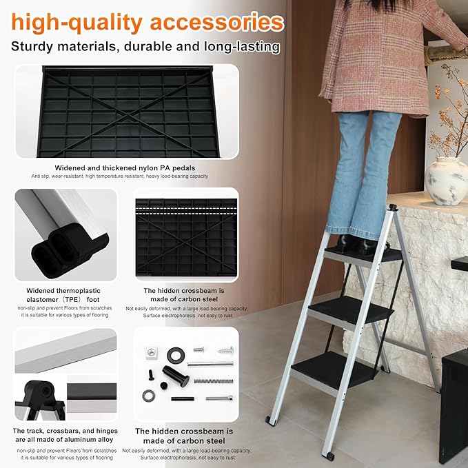 3 Step Ladder,Aluminum Ultra Thin Folding Step Stool,400 Lbs Capacity with Anti-Slip Sturdy and Wide Pedal,Closet Step Ladder for Home,Kitchen and Office,Space Saving (Silvery White, 3-Step)
