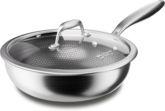 COOKER KING 12-Inch Wok with Lid, Hybird Nonstick Wok Professional Grade, Stainless Steel Woks & Stir-Fry Pans, Stay-Cool Handle, Dishwasher & Oven-Safe,Compatible with All Cooktops