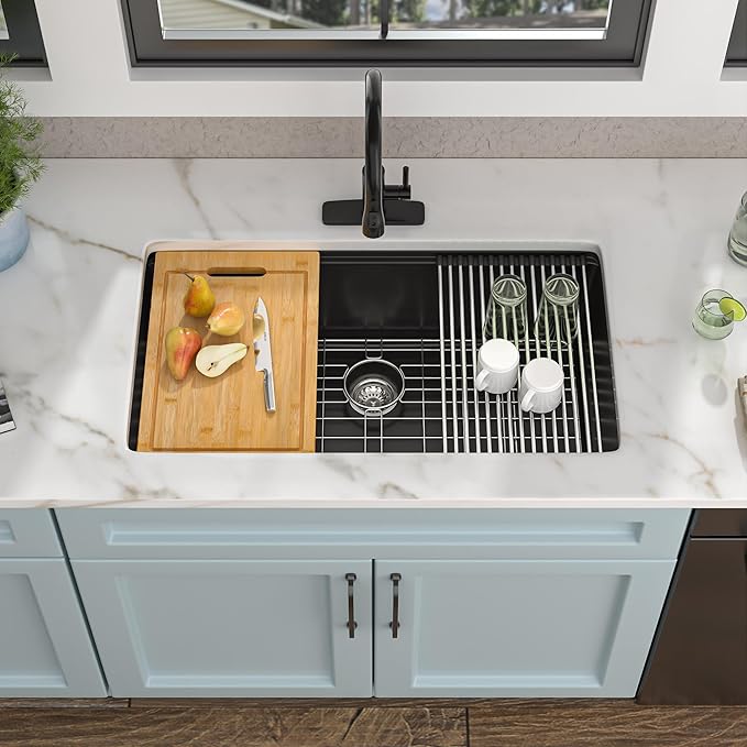 32x19 Granite Composite Kitchen Sink - Undermount Ledge Workstation Matte Black Quartz Classic Under Counter Single Bowl Basin