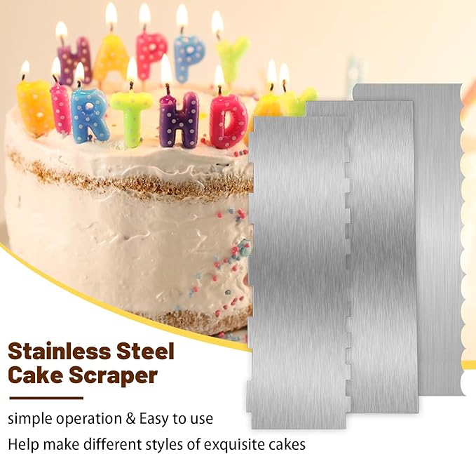 3 Pieces 8.7 Inche Stainless Steel Cake Scraper，Double Sided Patterned Edge Stripe Edge Smoother Scraper Cake Decorating，Cake Decorating Comb Cake Scraper (3, 3)