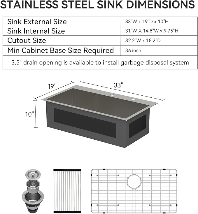 Lordear 33 Inch Drop in Kitchen Sink 33 x 19 Topmount Sink 16 Gauge Stainless Steel Single Bowl Deep Sink with Drain Strainer