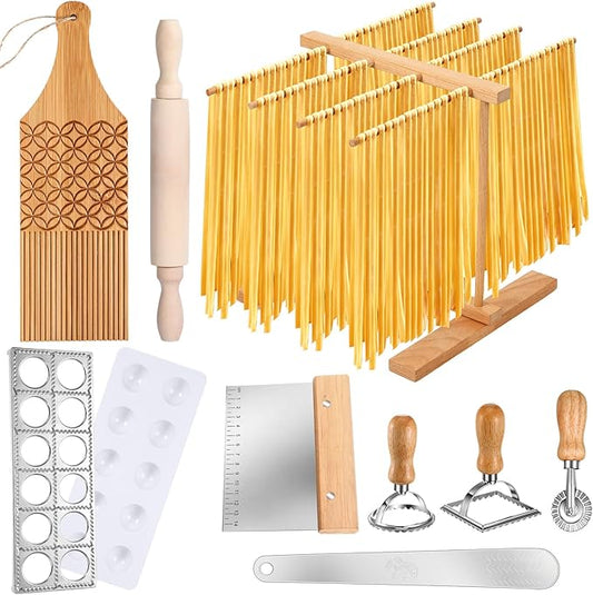 Baderke 9 Pcs Pasta Making Tool Set Include 1 Bamboo Drying Rack 1 Ravioli Press 1 Gnocchi Board 1 Cutter 1 Rolling Pin 1 Filling Spoon 3 Ravioli Stamp for Pasta Maker