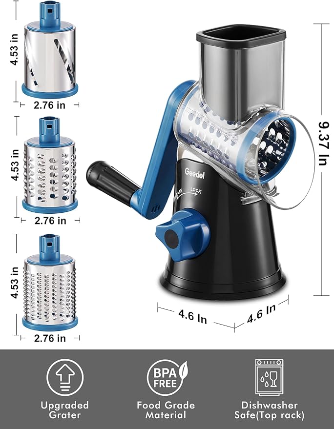 Geedel Rotary Cheese Grater, Kitchen Mandoline Vegetable Slicer with 3 Interchangeable Blades, Easy to Clean Rotary Grater Slicer for Fruit, Vegetables, Nuts