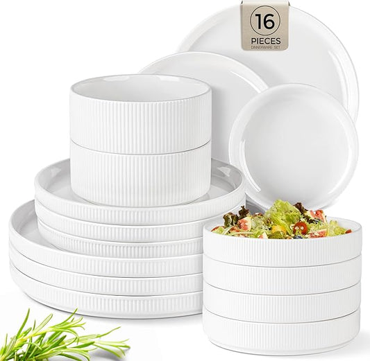 TheTerra Ceramic Dinnerware Sets with Pasta Bowls for 4, 16 Pieces Porcelain Lightweight Plates and Bowls Sets, Scratch Resistant Dish Set, Oven & Microwave & Dishwasher Safe, Bright White