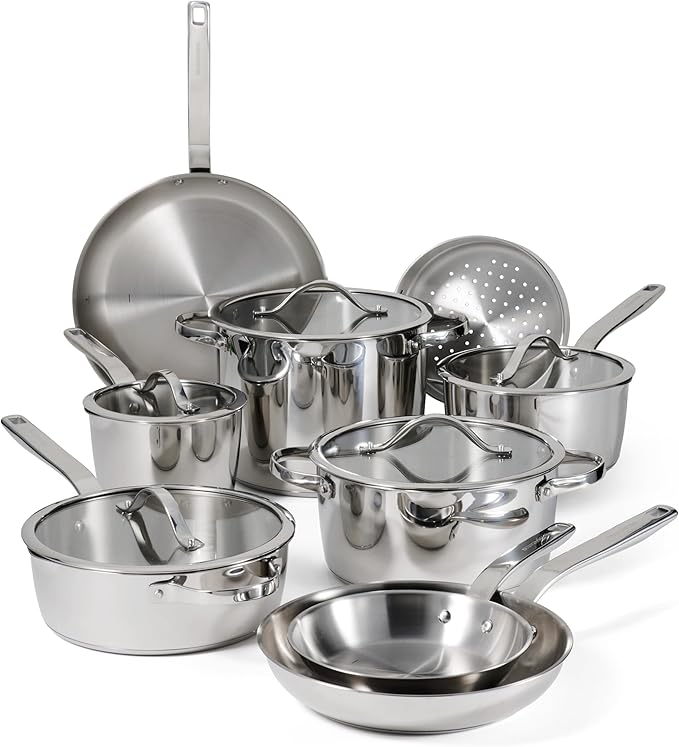 Tramontina Tempo Tri-Ply Base Stainless Steel 14-Piece Cookware Set with Glass Lids, Pots and Pans Kitchen Set, Induction-Ready, Oven-Safe, Dishwasher-Safe