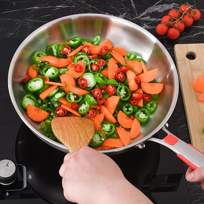 Inqibee 12 Inch Tri-Ply Stainless Steel Frying Pan with Lid, Skillet, Induction Cooking Pan, Dishwasher Safe, Detachable Large Handle