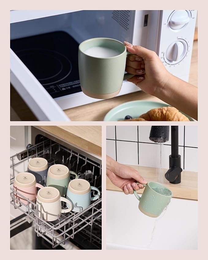 famiware Coffee Mugs Set of 6, Milkyway 13 oz Mug Set, Ceramic Cup Set with Handle for Coffee, Tea, Cocoa, Milk, Light Green