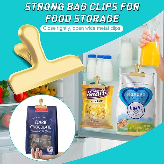 Funfery 24 Pack 3 Inch Stainless Steel Gold Chip Clips Strong Bag Clips Large Clip for Food Packages,Metal Kitchen Food Clip for Snack Home&Office Paper Heavy Duty