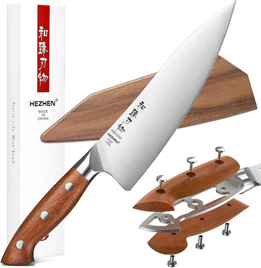 HEZHEN Pro Chefs Knives 8.3 Inch,High Carbon German 1.4116 Steel,Stainless Steel Rivets with Red Wood Handle，Razor Sharp,Super Edge,with Woodern Knife Sheath