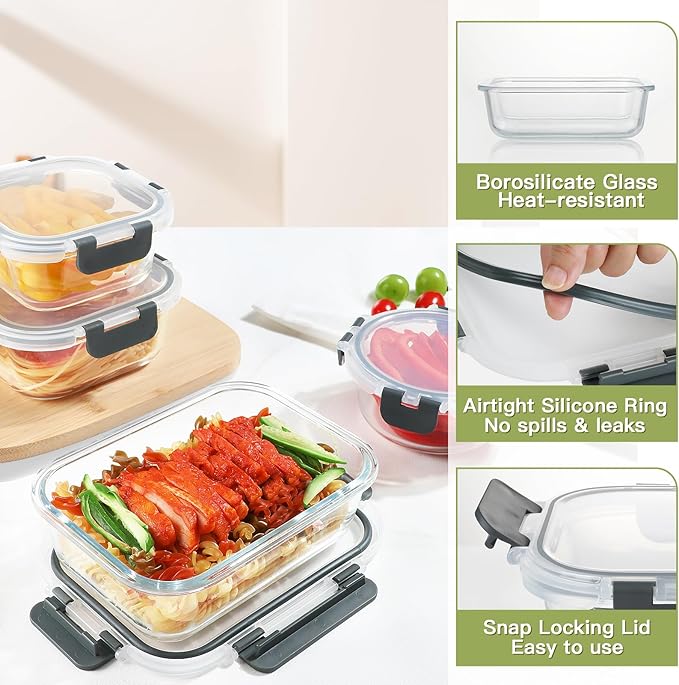 BAYZZ 30 Piece Glass Food Storage Containers Set, Glass Meal Prep Containers with Lids, Airtight Lunch Box, BPA-Free, Microwave, Freezer & Dishwasher Safe