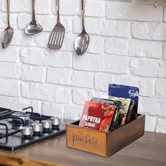 Packet Organizer, Acacia Wood Packet Storage Organizer with 3 Compartments,Farmhouse Kitchen Organization for Spice, Gravy, Taco, and Dressings Packets for Kitchen, Brown Labeled Packets