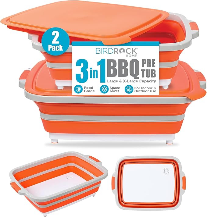 BIRDROCK HOME 2-pack Collapsible BBQ Prep Tub w/Cutting Board, Multi-Function Grill Caddy w/Colander & Lid, Portable Silicone Dish Bowl for Picnic, Tailgate, Camping (Orange, Large, X-Large)