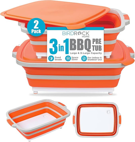 BIRDROCK HOME 2-pack Collapsible BBQ Prep Tub w/Cutting Board, Multi-Function Grill Caddy w/Colander & Lid, Portable Silicone Dish Bowl for Picnic, Tailgate, Camping (Orange, Large, X-Large)