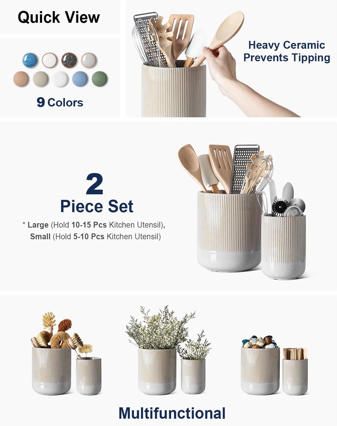 LE TAUCI Utensil Holder, 7.3"+5.4" Ceramic Kitchen Utensil Holder for Countertop, Large Cooking Utensil Crocks for Kitchen Counter, Morden Utensil Organizer for Spatula, Set of 2, Glaze Marble Gray