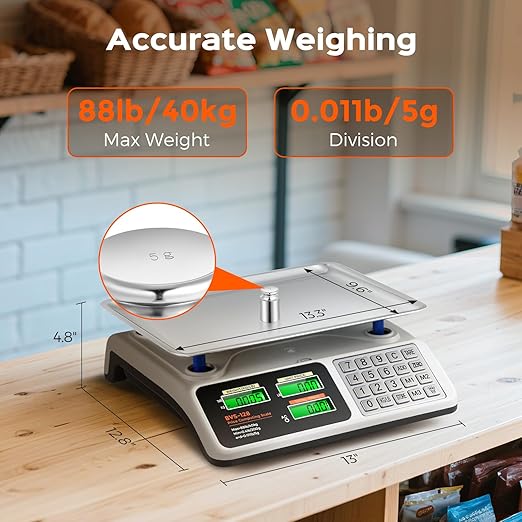 Bonvoisin Price Computing Scale 88lb/40kg Commercial Food Scale with Stainless Steel Platform & Keys, Dual LCD Display Backlight for Meat, Produce, Deli, Farmers Market, Retail（Not for Trade）