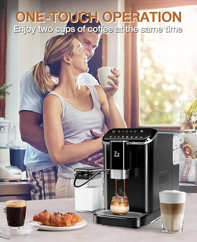 Fully Automatic Espresso Machine with Self-Cleaning Function, Brewing System and Automatic Milk Frothing System, 6 One-Touch Programs, 1.5L Detachable Water Tank for Home/Office Use, Black