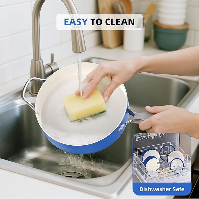 15 Pcs Pots and Pans Set Non Stick, Ceramic Cookware Set with Steamer, Non-Toxic Kitchen Cooking Set with Stay-Cool Ergonomic Handles, Oven & Dishwasher Safe, PFOS & PFOA Free (Cobalt Blue)