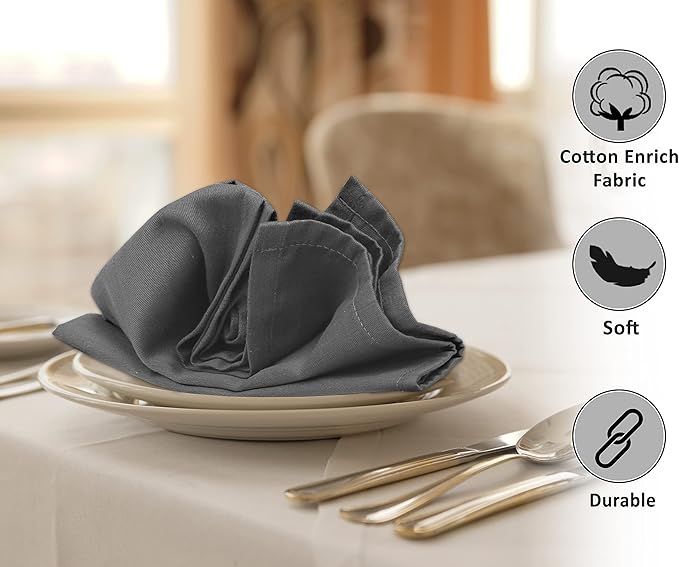 Ruvanti Cloth Napkin Set of 12, 18x18 Inch Soft & Absorbent Cotton Enrich Dinner Napkins for Hotel, Wedding Parties, Napkin-Everyday -Charcoal Grey
