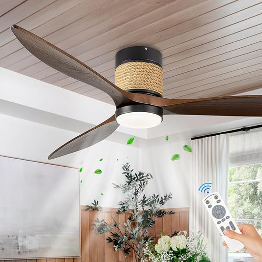 60in Low Profile Ceiling Fan Lights with Remote Control Hemp Rope Farmhouse Black Fan Light 3-Blade Walnut Wood Fan with Light Dimmable Outdoor Ceiling Fan for Patio Bedroom Living Room