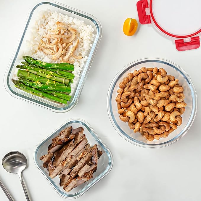 KOMUEE 30 Pieces Glass Food Storage Containers Set, Meal Prep Containers Set with Snap Locking Lids, Airtight Glass Lunch Containers, Microwave, Oven, Freezer & Dishwasher, Red