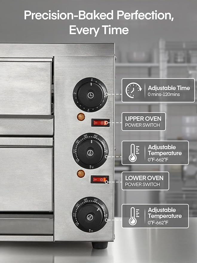 Commercial Pizza Oven, 12 Inch Countertop Pizza Ovens with 662°F Max Temp, 2-Layer Electric Pizza Cooker with Alert Timer, 1700W Stainless Steel Pizza-Maker Machine, for Restaurant,Home, Party, Silver