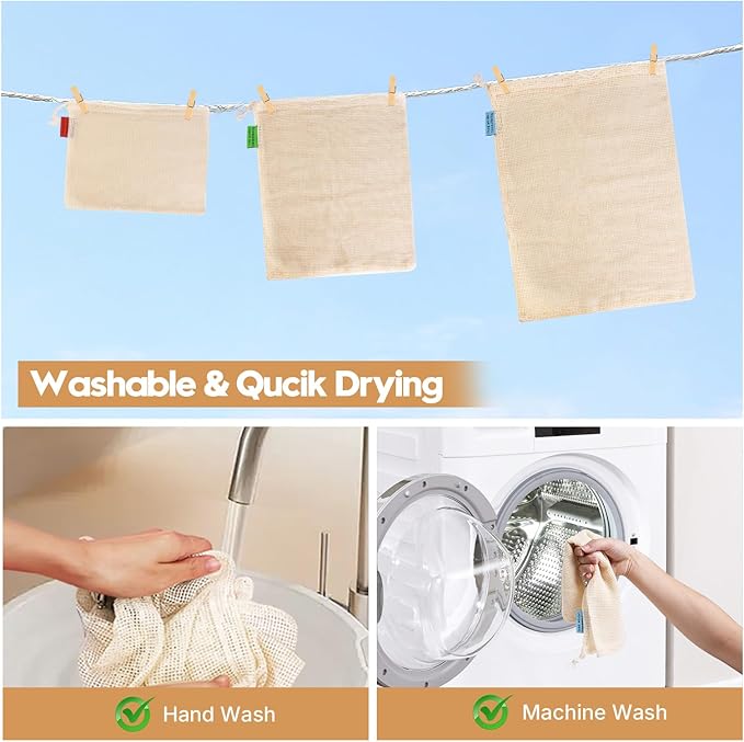 6 Pack Reusable Produce Bags - Cotton Mesh Produce Bags - Reusable Shopping Bags - Vegetable Grocery Cotton Mesh Bags for Farmers Market, Beach, and Refrigerator Storage Vegetables,2xS, 2xM, 2xL.