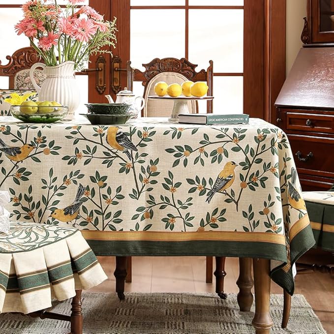 patdrea Designer French Table Cloth Rectangle Table,Green Spring Summer Linen Tablecloth,Yellow Birds and Green Leaves Pattern Tablecloths,Decor Kitchen Dining Christmas Banquet,55"x 79"
