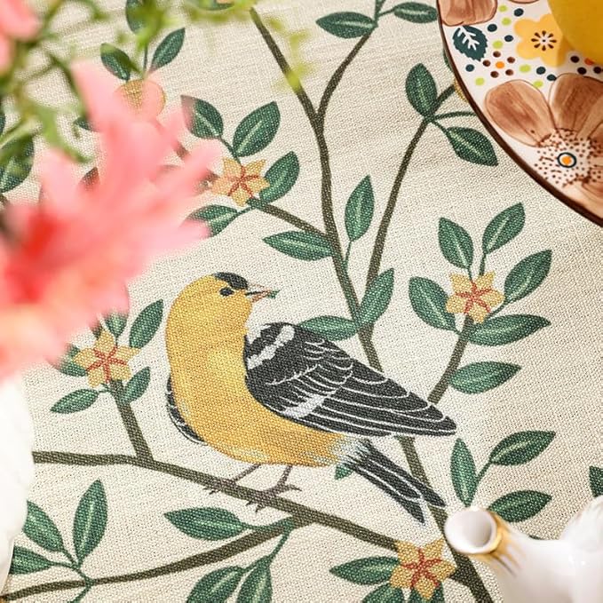 patdrea Designer French Table Cloth Rectangle Table,Green Spring Summer Linen Tablecloth,Yellow Brids and Green Leaves Pattern Tablecloths,Decor Kitchen Dining Holiday Christmas,63"x 110"