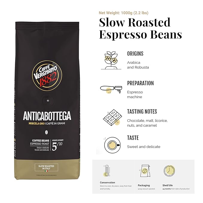 Caffe Vergnano 1882 Antica Bottega Whole Bean Arabica Medium Roast Espresso, 2.2 lbs Bag - Italian Coffee Beans with notes of Chocolate, Nuts & Caramel, Intensity 5/10-1000g Bag