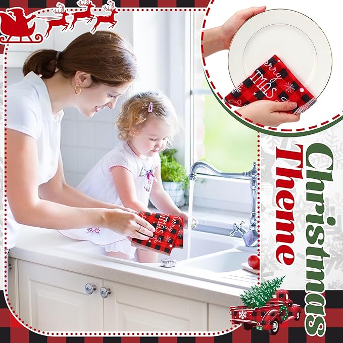 36 Pcs Christmas Reusable Paper Towels Rolls Washable Bulk Christmas Snowman Snowflake Winter Red Plaid Dish Towels Paperless Reusable Cloth Cotton Napkin with Cardboard for Kitchen Bathroom