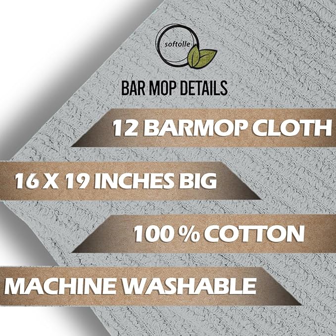 Softolle Bar Mop Towels, Pack of 12-16x19 Inches - 100% Cotton Super Absorbent Towels, Multi-Purpose for Home and Bar Cleaning (Silver Grey)