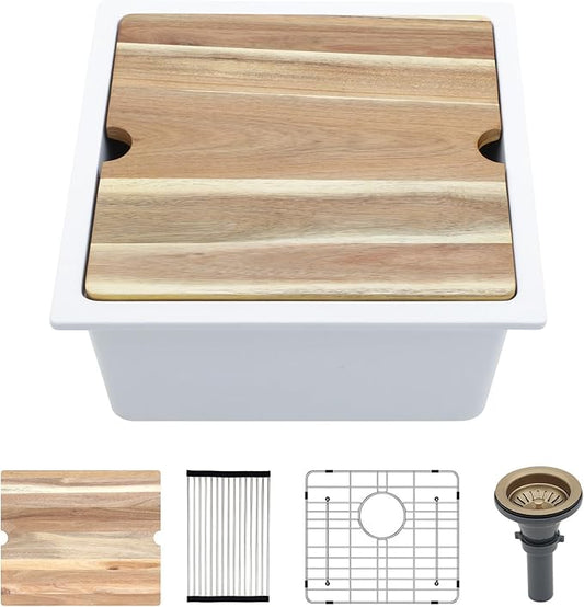 Kichae 18 Inch Undermount Bar Sink - 18 x 18 White Composite Granite Quartz Sink Undermount Wet Bar Prep Single Bowl Workstation Small Kitchen Sinks with Cutting Board