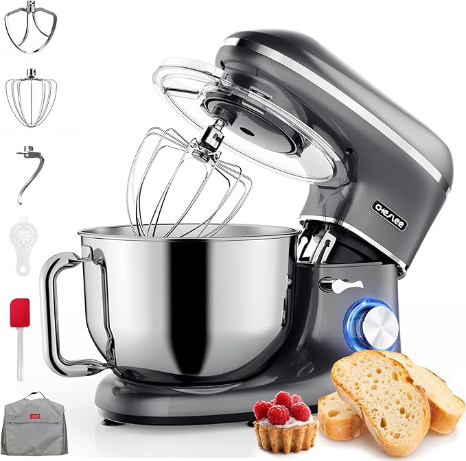 CHeflee Stand Mixer, 6.5 Quart Electric Mixer 6+P Speed 660W Tilt-Head Kitchen Food Mixers with Dough Hook, Mixing Beater, Whisk, & Splash Guard for Baking, Cake, Cookie, Kneading,Grey
