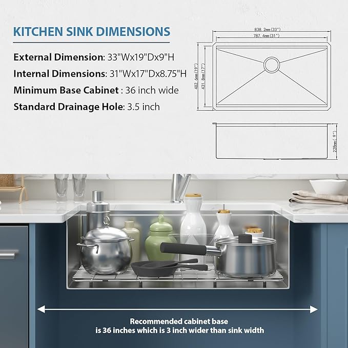 33 Undermount Kitchen Sink Stainless Steel 16 Gauge 33x19x9 Ledge Workstation Single Bowl Kitchen Sinkwith Round Corners 33x19x9 Inch Under Counter Kitchen Sink Basin