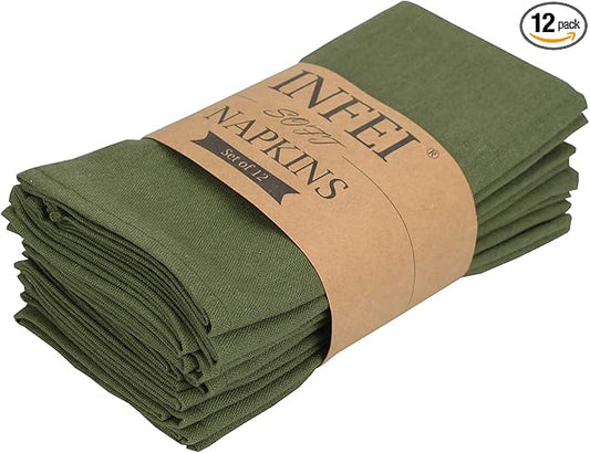 Solid Color Polyester Linen Blended Thin Dinner Napkins - Pack of 12 (40 x 40 cm) - for Events & Home Use (Army Green)
