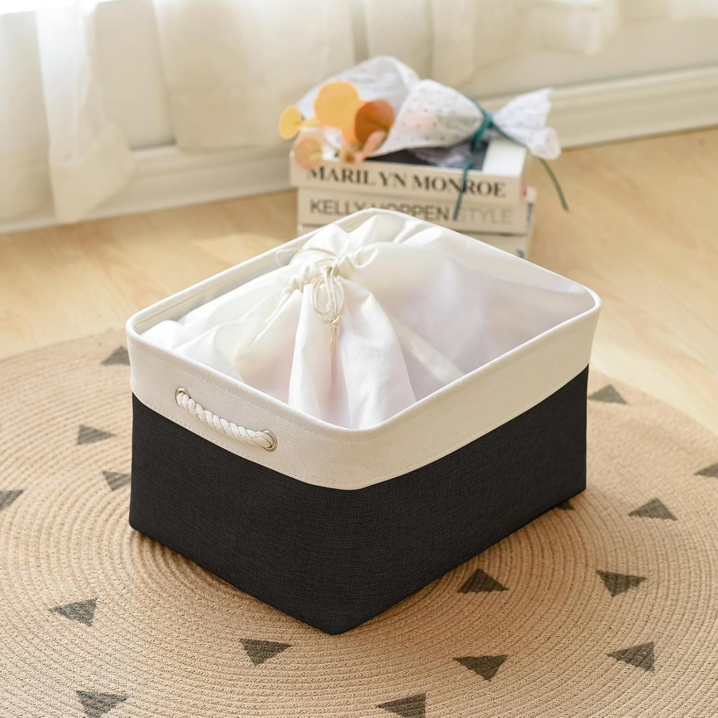 TheWarmHome Organization and Storage Basket for Organizing - Jumbo 3 Pack 17.7x13.8x9.7 inch Fabric Storage Cubes for Closet Gifts Organizer Empty Book (White & Black)