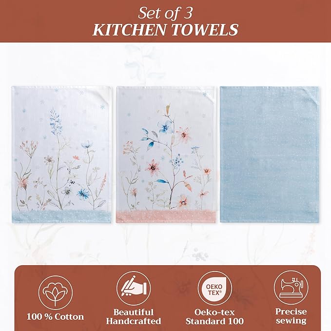 Maison d' Hermine Kitchen Towels Set of 3 100% Cotton 20" x 27.5" Reusable Cloth Tea Dish Towels Absorbent with Hanging Loop for Kitchen Dining Thanksgiving Christmas Decorations (Ice Florals)