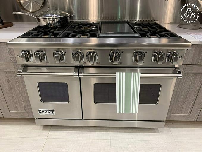 GOTS Certified Organic Cotton Kitchen Hand and Dish Towel Sets - Oversized 20x30 inches, Fully Hemmed, in Designer Colors, 6-Pack, Sage Stripe