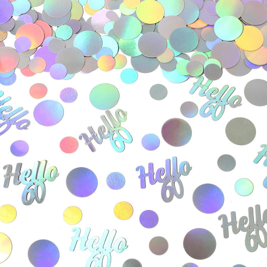 Hello 60 Birthday Confetti for Table Iridescent 60th Birthday Party Decorations for Women Sixty Years Old Happy Birthday Tables Scatter Circle Dots Party Confetti Anniversary Decor 300PC