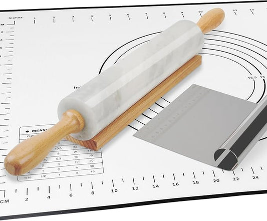 Koville African Natural Marble Rolling Pin, Non-Stick Polished Dough Roller, Pasta, Dumpling, Fondant, Pie Crust, Bread, Pizza Dough, Kitchen Baking Pastry Tools with Mat/Scraper（Namib Fantasy）