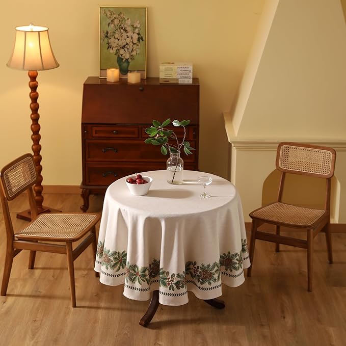 Christmas Tablecloth for Round Tables,Linen Table Cloth with Leaves and Pinecones Pattern,Heavy Durable Table Cover for Dining Thanksgiving Kitchen Decor Party Christmas,Diameter 55"