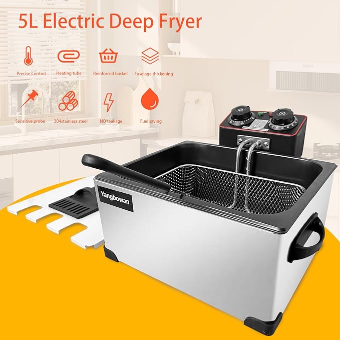 Deep Fryer with Basket for Home Use, Yangbowan Electric Deep Fryer 5L 1300W with Time & Temperature Control,3 Frying Baskets, Stainless Steel Lid with Viewing Window and Perfect for Kitchen, Fish Fry
