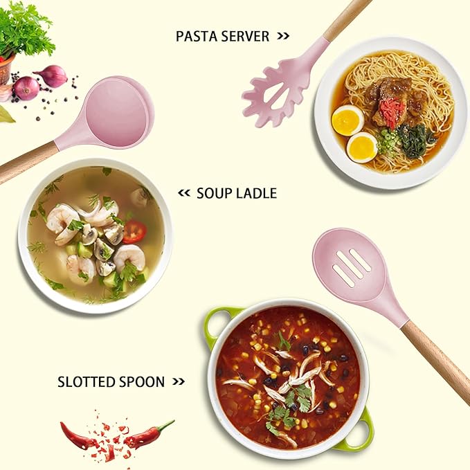 MIBOTE Silicone Cooking Kitchen Utensils Set with Holder, Wooden Handles BPA Free Silicone Turner Tongs Spatula Spoon Kitchen Gadgets Utensil Set for Nonstick Cookware (Pinky)