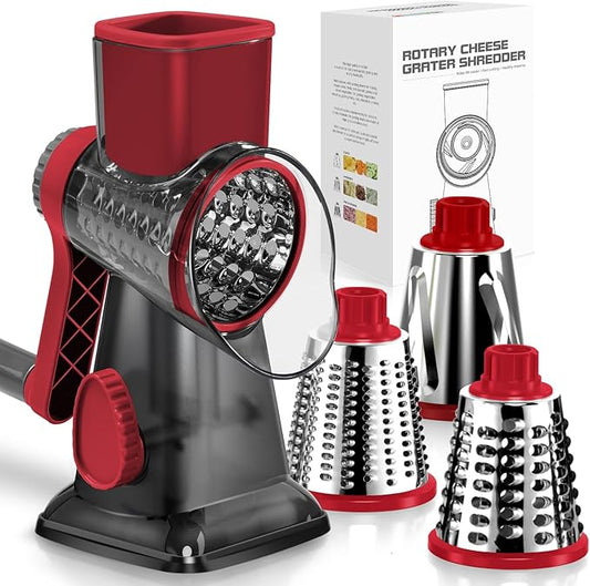 KEOUKE Rotary Cheese Grater Hand Crank Transparent - Shredder Slicer Grinder 3 Stainless Steel Blades, Stable Suction, Labor-Saving Handle, Safe Kitchen Tool for Cheese, Vegetable, Nuts, Chocolate