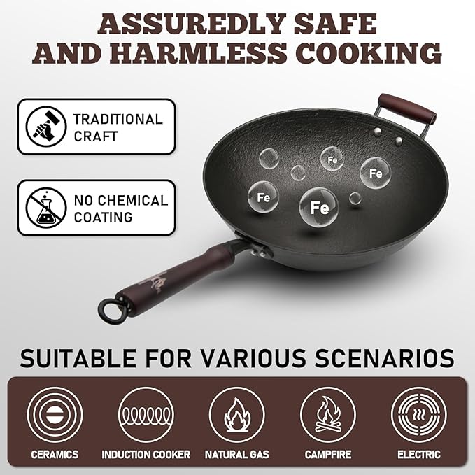 HONGJIANG Cast Iron Wok Pan, 14.2" Pre-Seasoned Flat Bottom Wok,Coating-Free Wok Stir Fry Pan With Glass Lid,Compatible Traditional Chinese Wok For Induction, Electric, Gas,Open Fire
