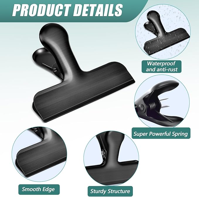 Bag Clips, 10 Pack Stainless Steel Chip Clips for Food, Food Clips Heavy Duty Clamp Clips Kitchen Clips Snack Clips for Office Kitchen Home, Black