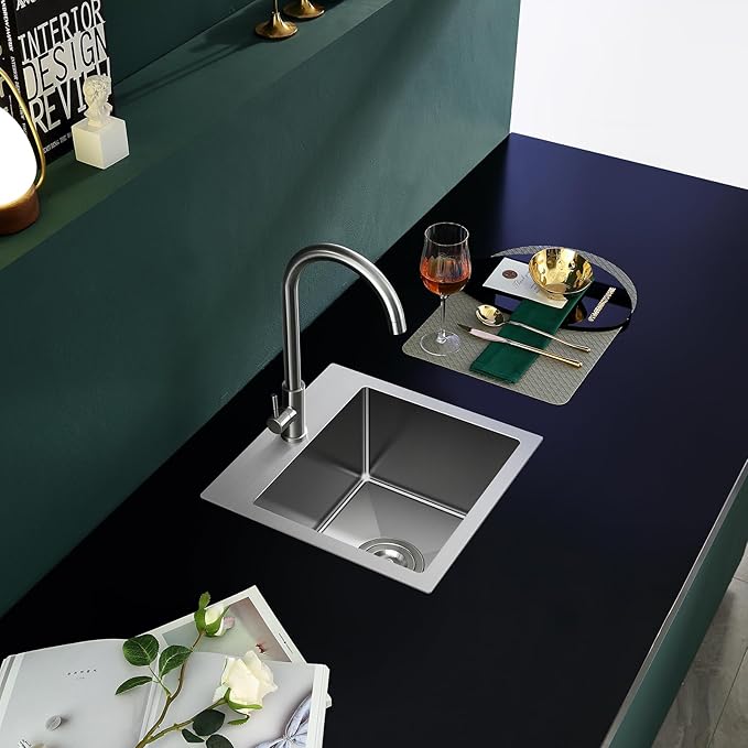 15 inch Drop in Bar Sink, Small Topmount Kitchen Sink Single Bowl, Handmade T-304 Stainless Steel Overmount Kitchen Bar Sink with Basket Strainer