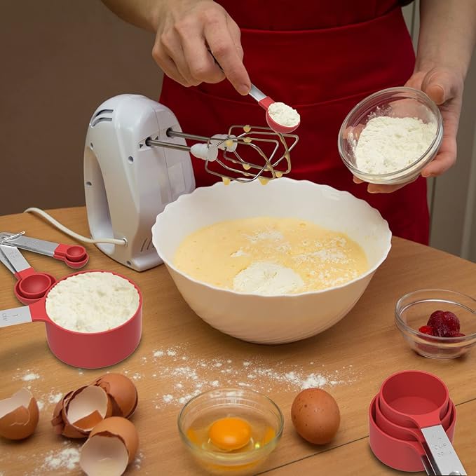 TILUCK Measuring Cups & Spoons Set, Stackable Cups and Spoons, Nesting Measure Cups with Stainless Steel Handle, Kitchen Gadgets for Cooking & Baking (Red)